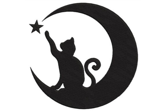 Charming Black Cat on Moon Embroidery